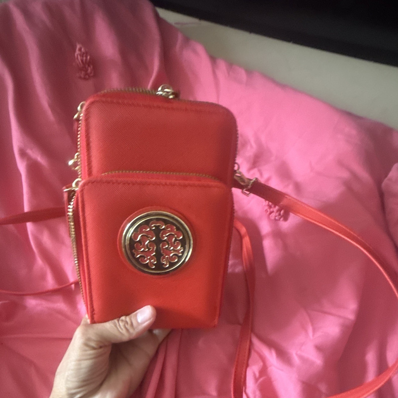 Orange Crossbody Phone Wallet Mini Bag, Detachable Strap, Double Zip, Gold