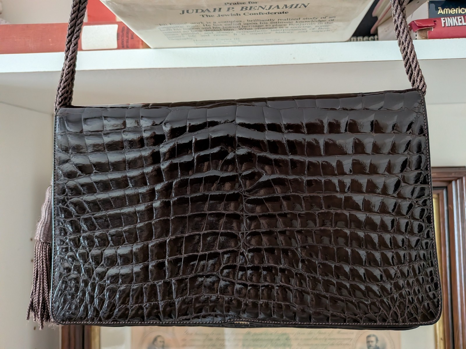 Judith Leiber vintage alligator clutch silk handle bag w/ TASSELS!