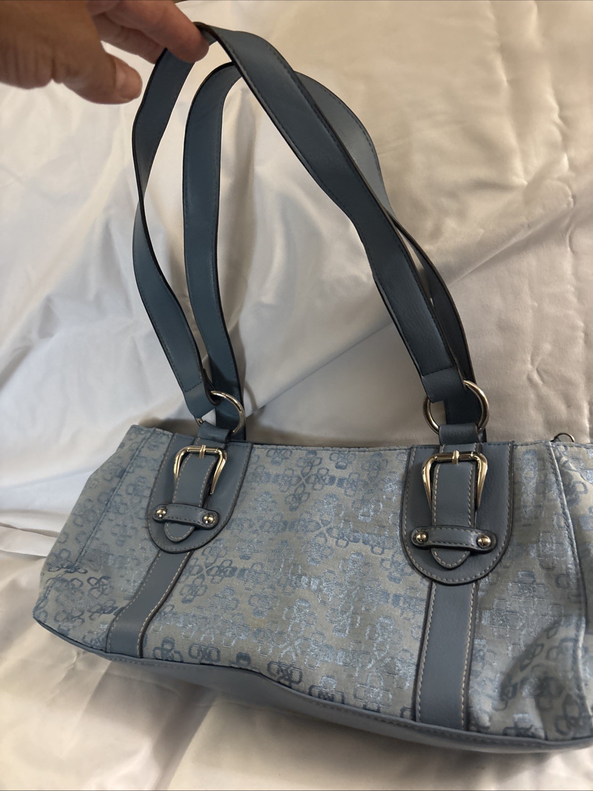Croft and Barrow Blue Patterned Canvas Handbag w/Silver Buckles & Blue Trim