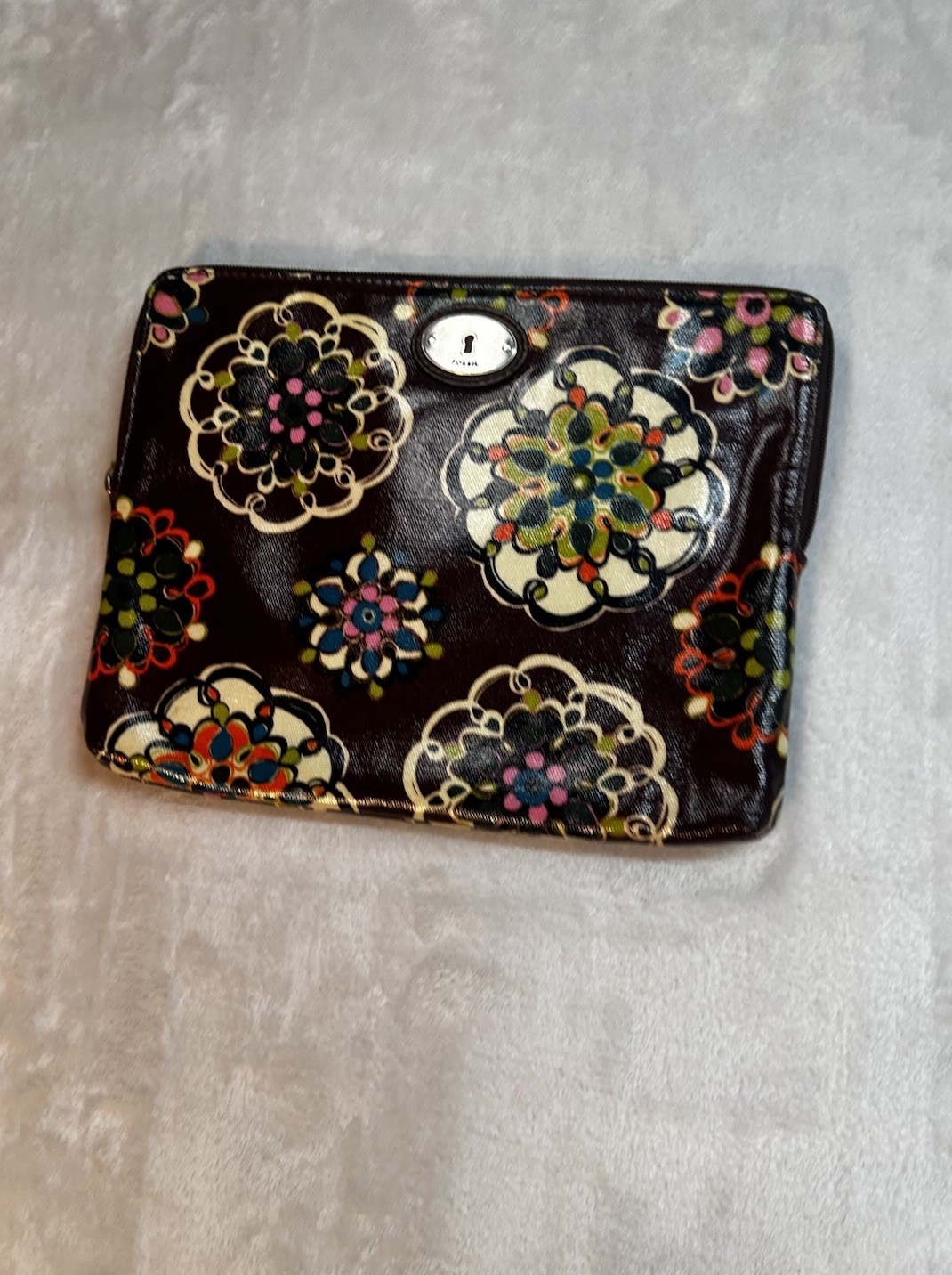 Fossil Key-Per Brown Floral Coated Canvas Tablet Sleeve Zip Pouch Clutch