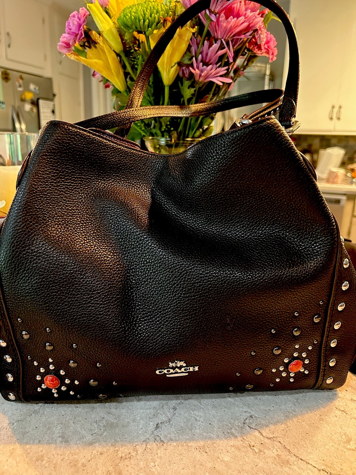 Coach EDIE Shoulder Bag 31 Black Pebble Leather Western Rivets Studs 57660