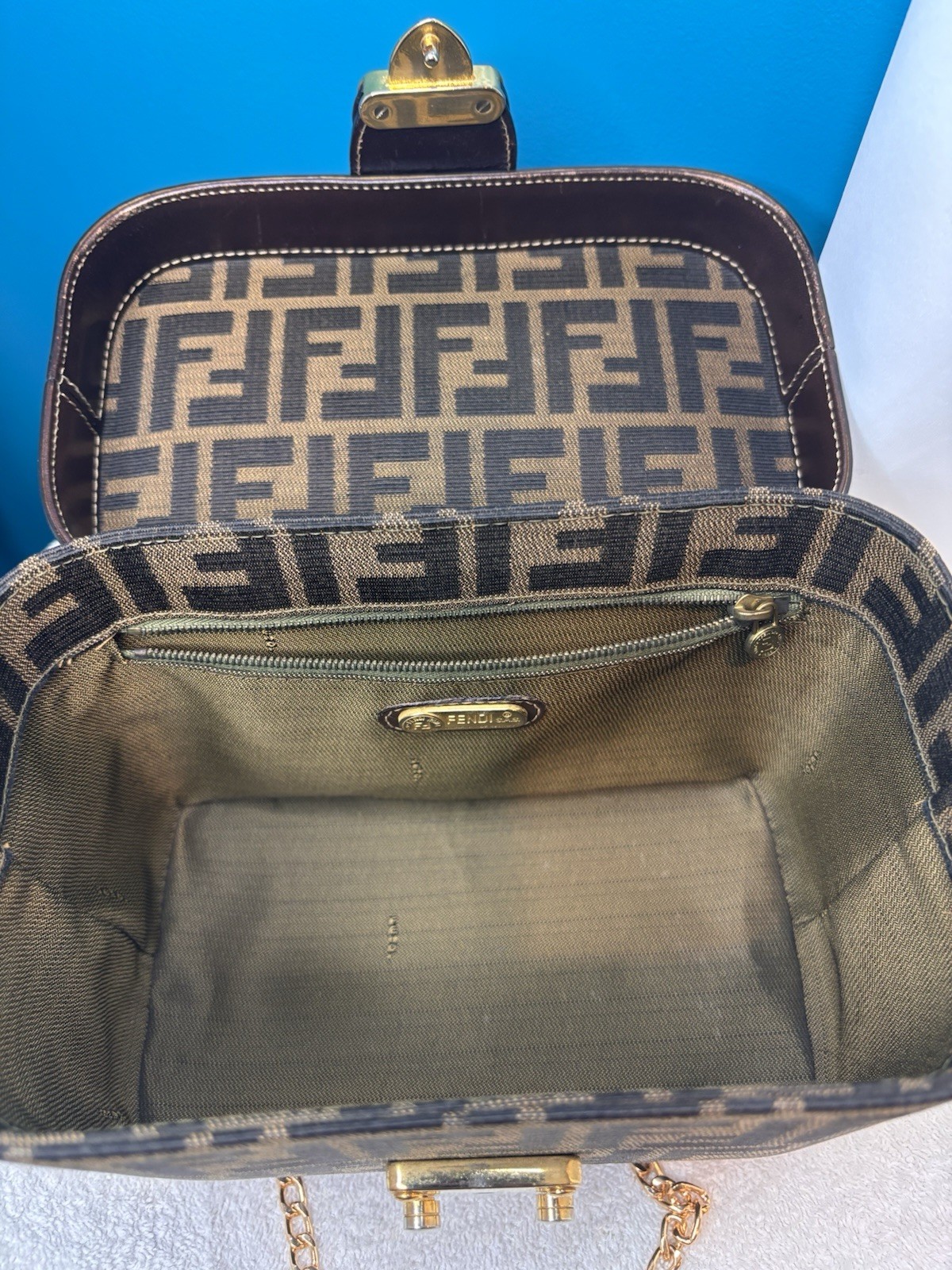 Authentic FENDI Zucca Monogram Vanity Case Box Bag Brown Canvas Gold Hardware