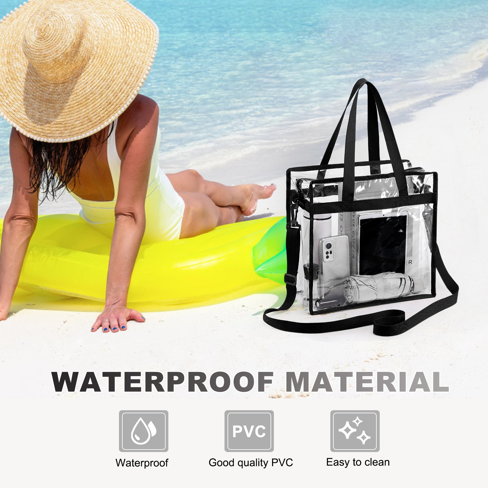 1Pcs 13″ x 6″ x 13″ PVC Waterproof Closure Crossbody Shoulder Bag (Black)