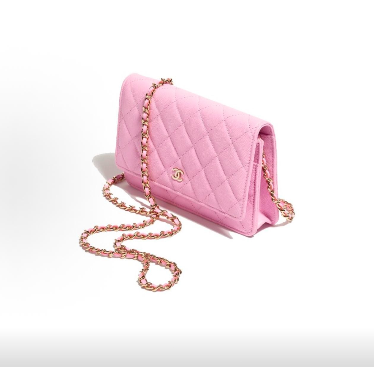 Classic Quilted Caviar Leather Wallet on Chain (WOC) with Light Gold Hardware &