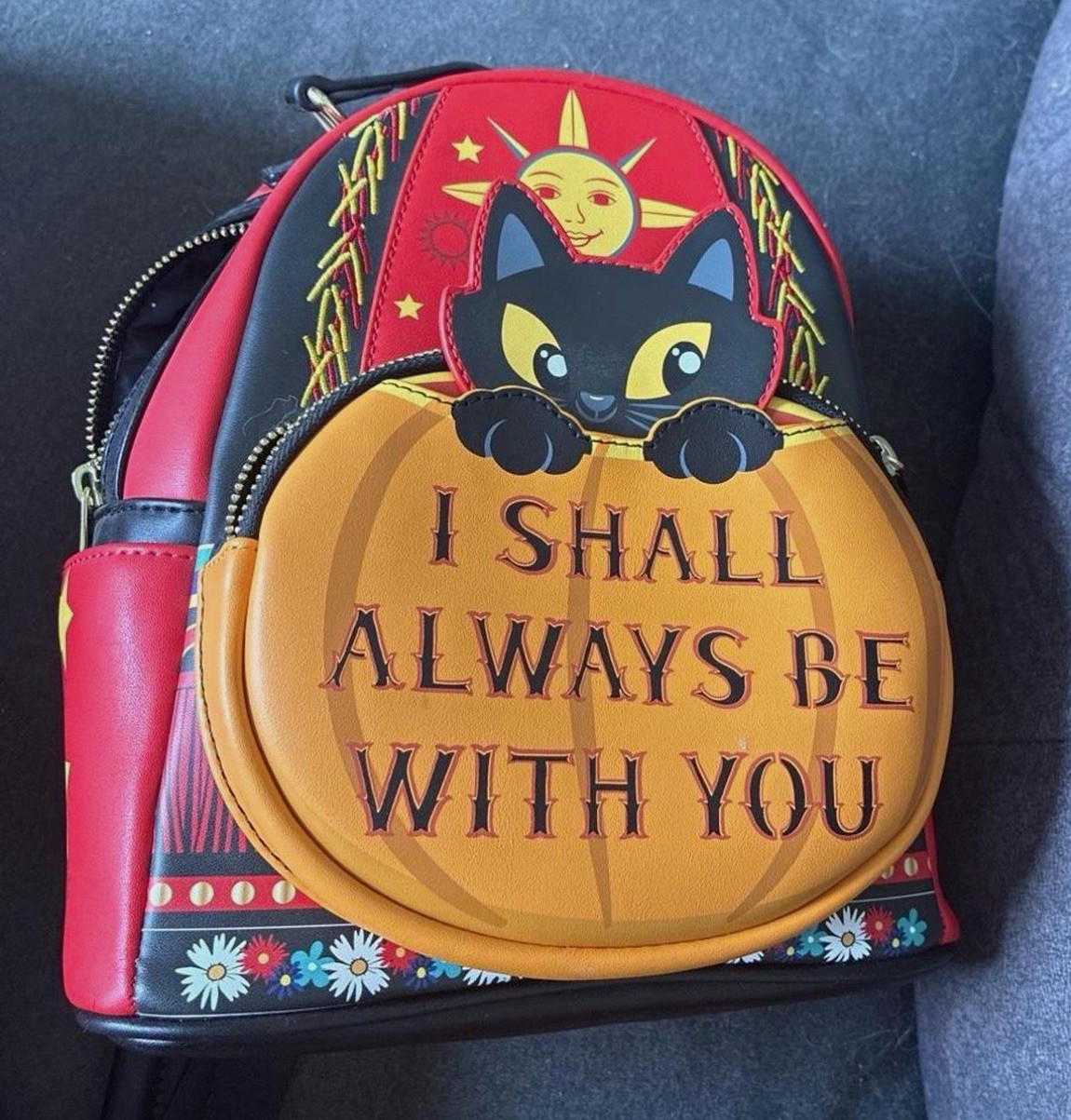 Black Cat “I Shall Always Be With You” Mini Backpack Purse, Zip, Red/Black