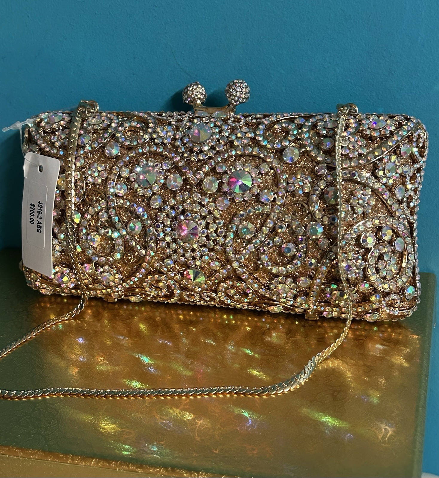 NEW Swarovski Aurora Borealis Gold Silver Crystal Handbag Clutch Gatsby WOW Glam