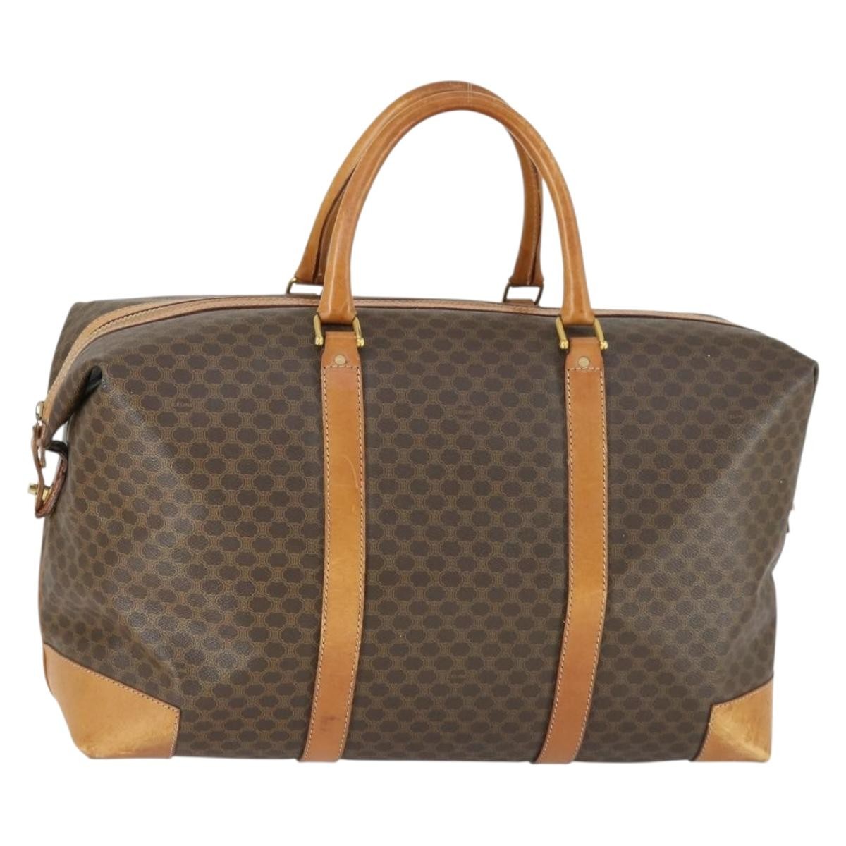 CELINE Macadam Canvas Boston Bag PVC Leather Brown Gold Auth 170328
