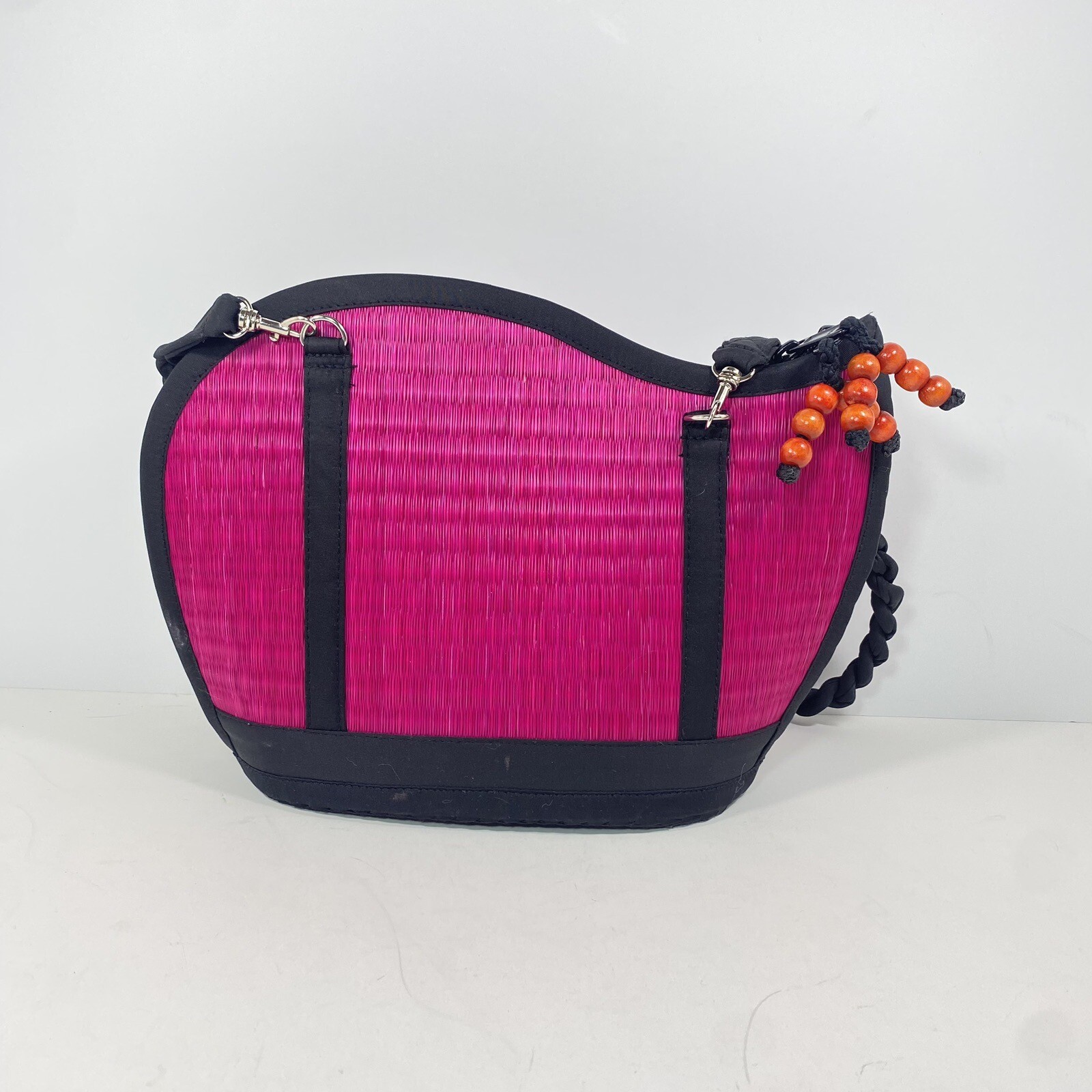 Baskets Of Cambodia Purse Wave Detached Double Handles Beaded Zippers Pink