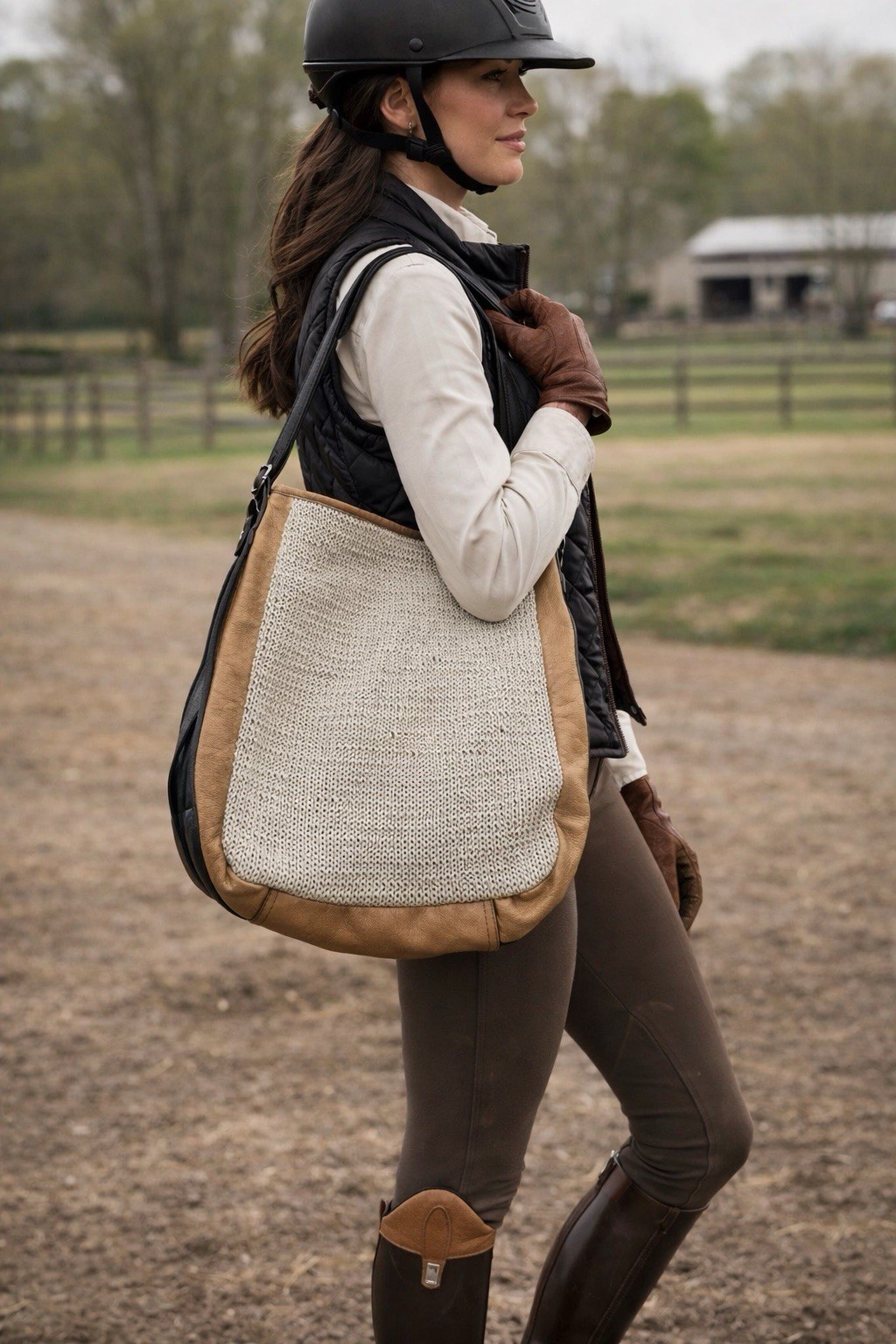 ANTHROPOLOGY Holding Horses Leather Knit Large Tote Bag Brown Beige Boho
