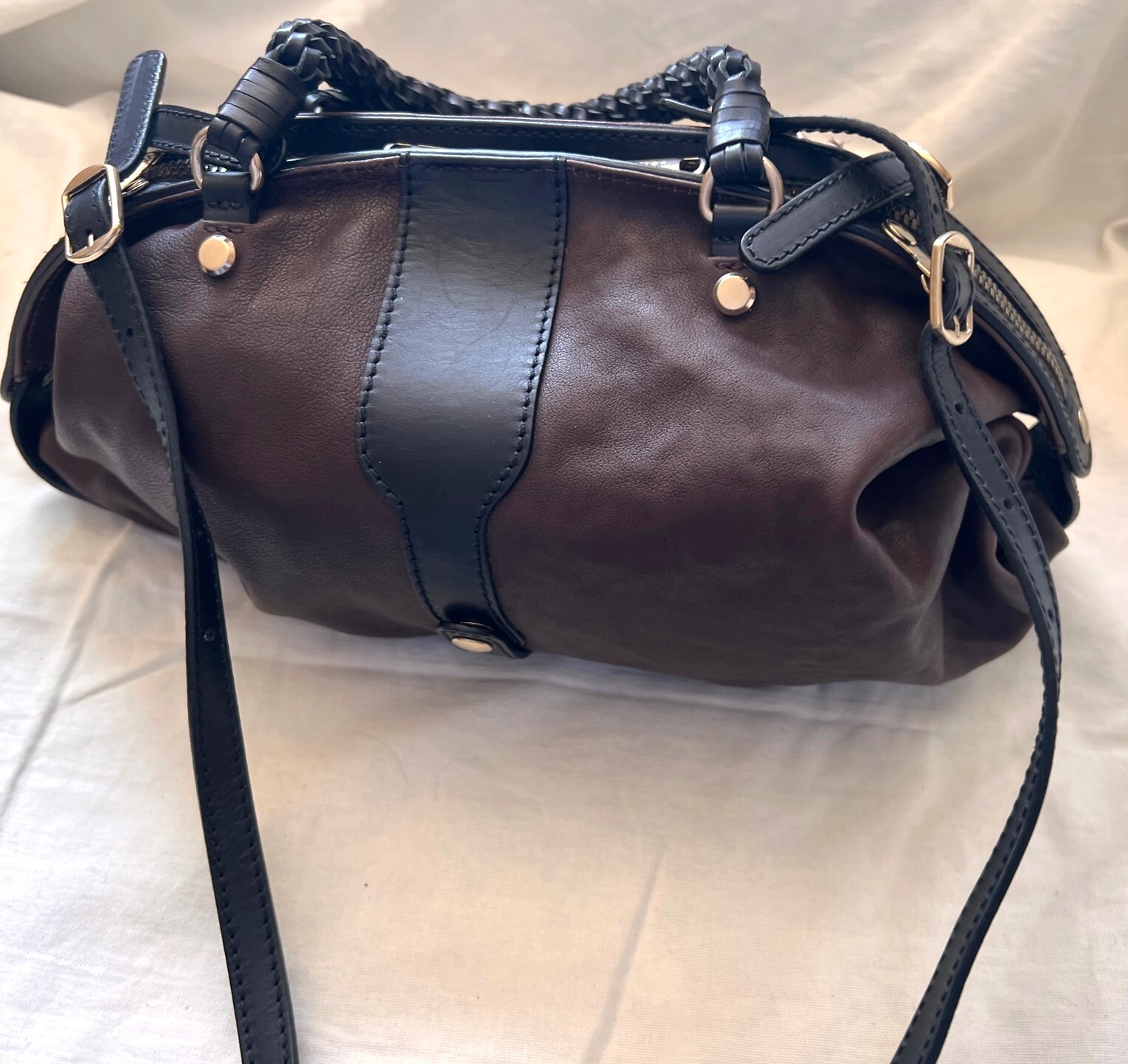 Gryson Skye Brown Soft Supple Leather w Black Leather Trim Shoulder Bag Handbag