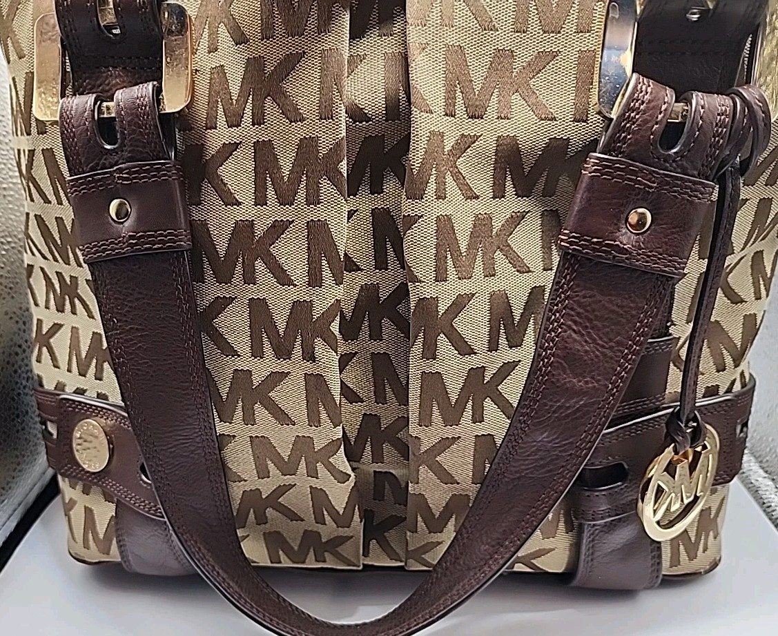 Michael Kors Signature Beige & Brown Harness Large Shoulder Bag