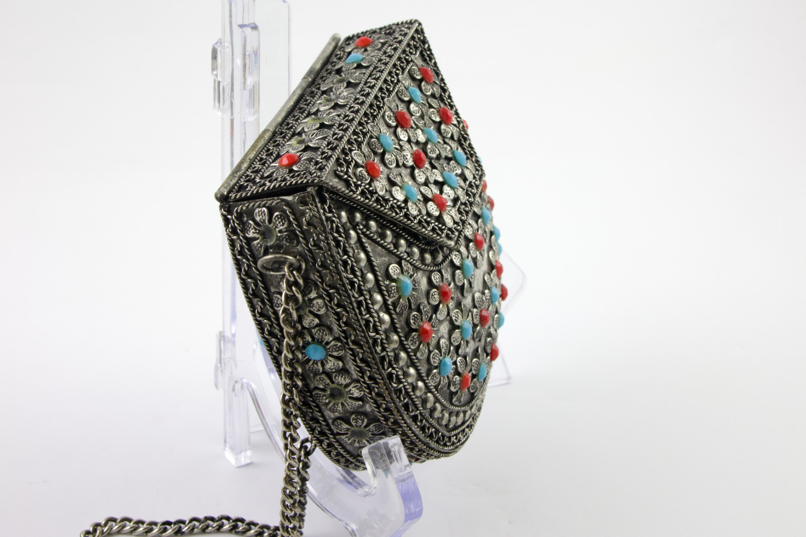 Sajai India Silver Tone Metal Floral Scroll Beaded Crossbody Purse For Repair