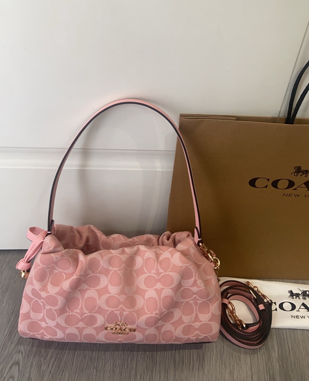 Coach Faye Shoulder Bag CER68 Signature Denim Drawstring Handbag Pink New