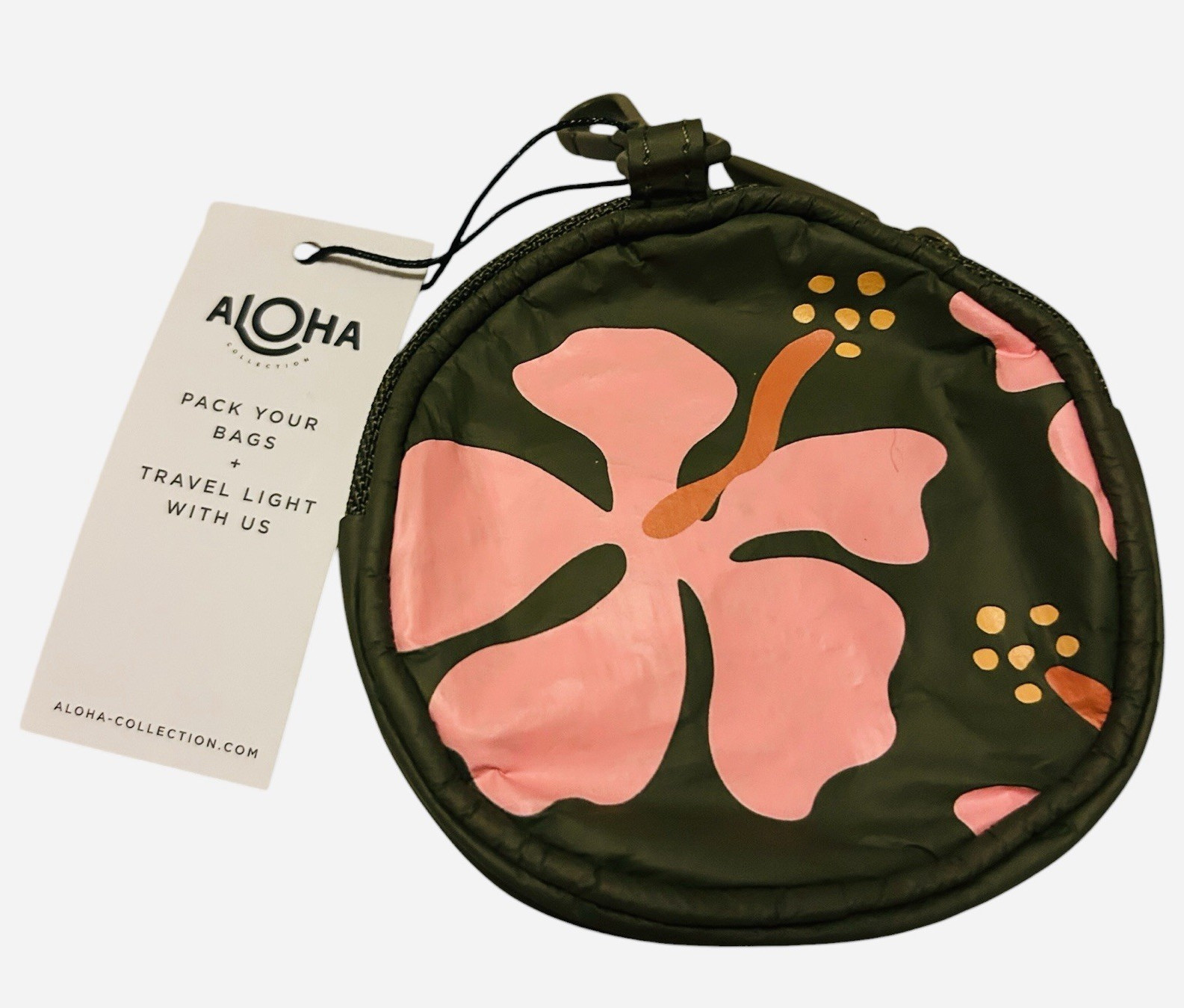 Aloha Collection Splash Proof Cutie Round Makeup Bag Zipper Clip Olive Pink