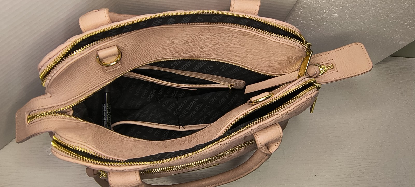 Steve Madden blush pink quilted satchel bag double handles gold hardware