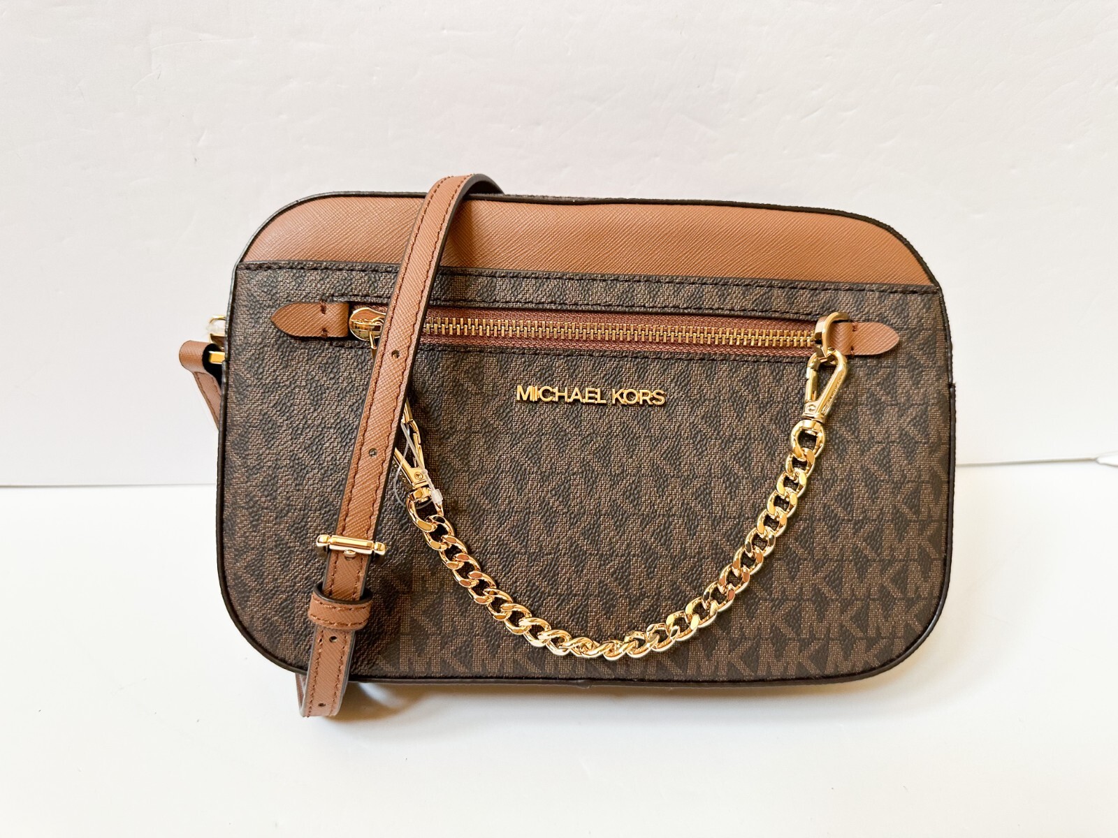 MICHAEL KORS JET SET ITEM CHAIN CROSSBODY BAG + COIN ID KEY WALLET SET MK BROWN
