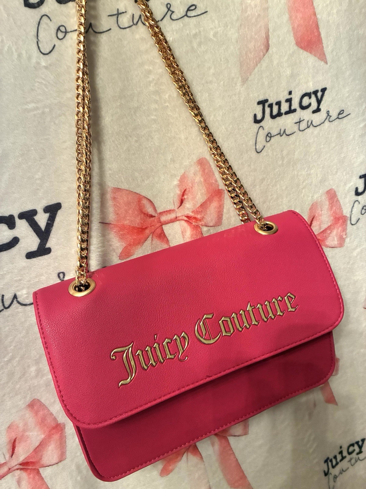 Juicy Couture Hot Pink Shoulder Bag With Gold Logo And Gold Chain