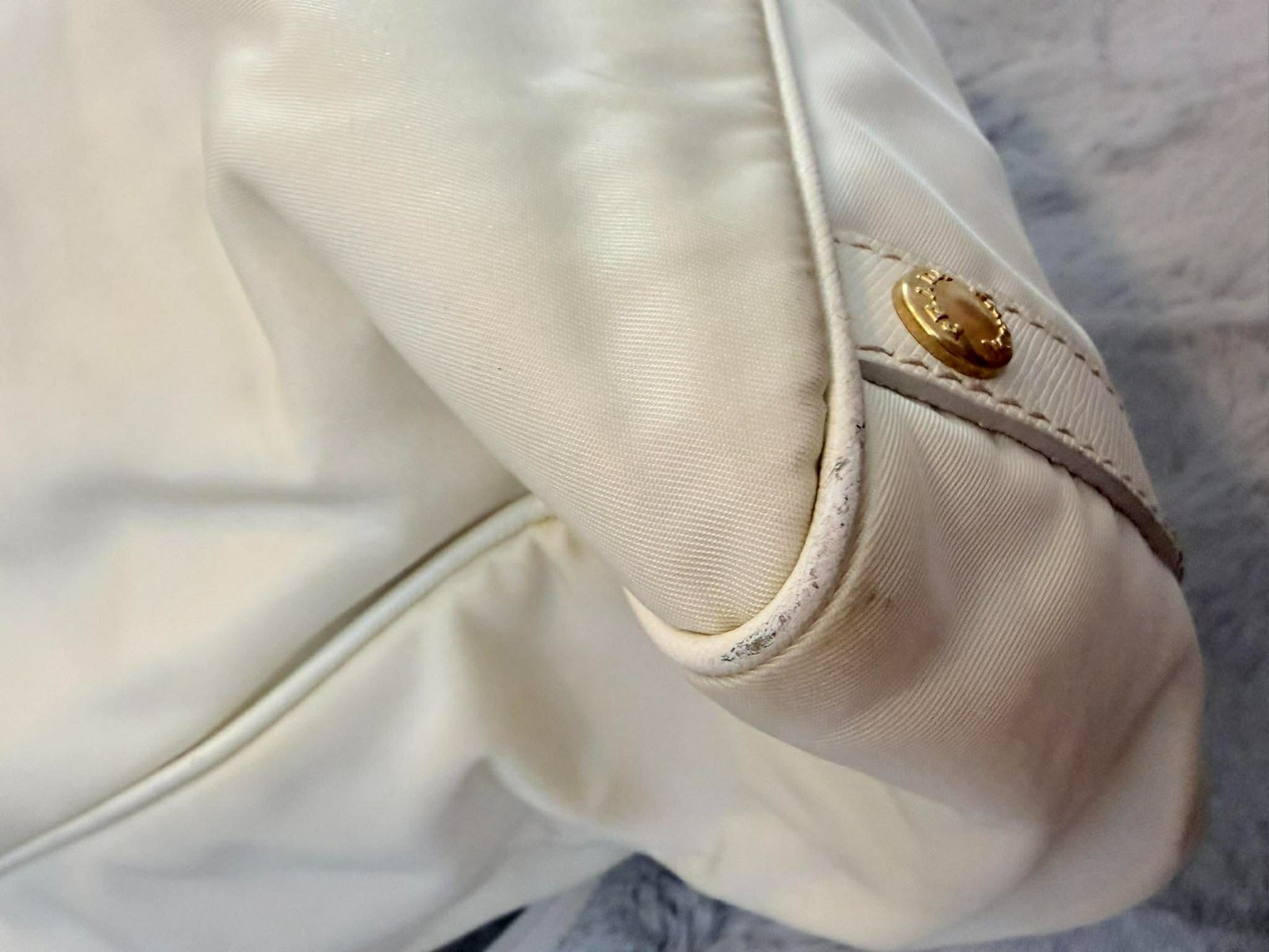 PRADA Tessuto Nylon Logo Tote Bag White Saffiano Leather Trim Shoulder AUTHENTIC