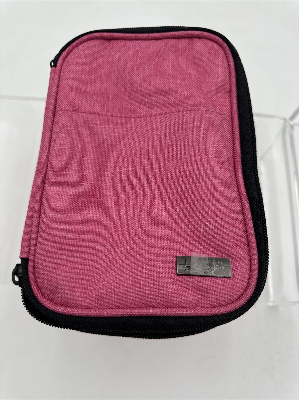 Luxia Travel Makeup Brush Bag 8.5 In PINK Knit Crochet Artist Organizer Strap
