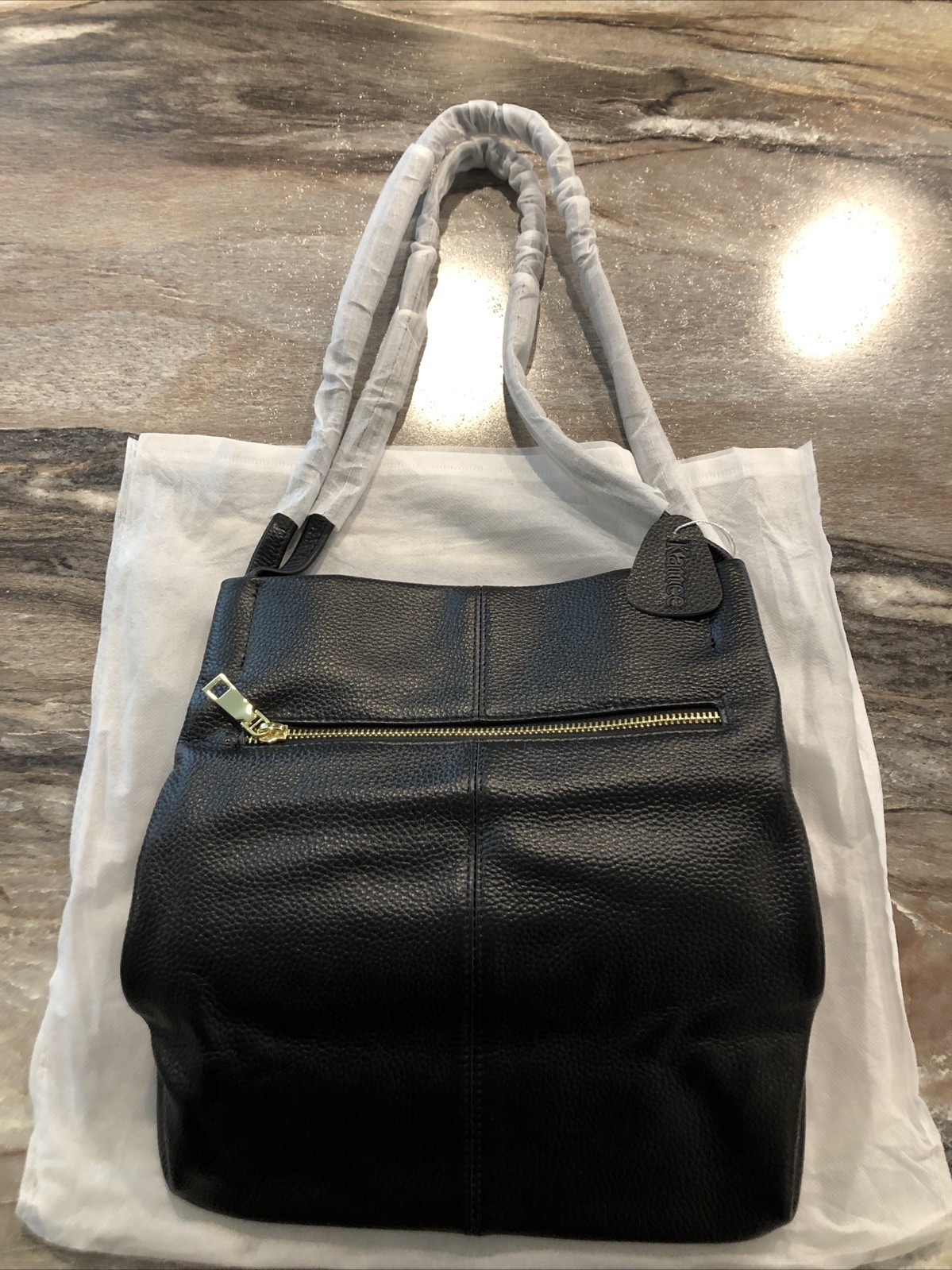 Kattee New Black Imported Leather Purse Handbag Dust Cover Bag Gold Played Zip