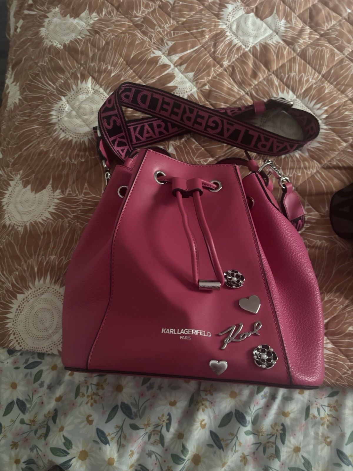 Karl Lagerfeld Paris Pink Bucket Drawstring Bag, Adjustable Detachable Strap