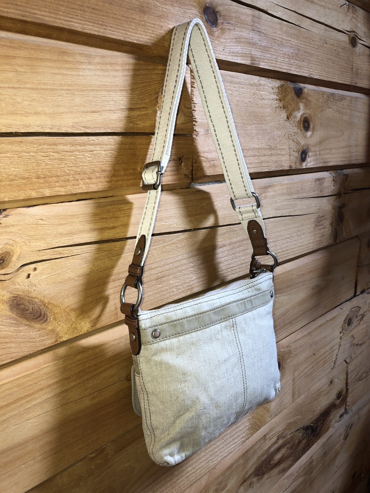 Fossil Oatmeal Linen Canvas Crossbody Bag Purse Key