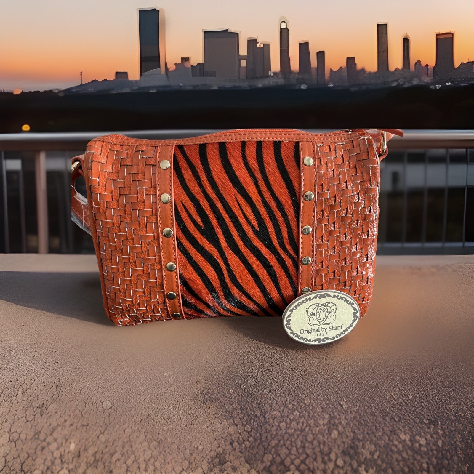 NWT Vtg SHARIF 1827 Orange Zebra Print Crossbody Bag Deadstock Cowhide Woven NEW