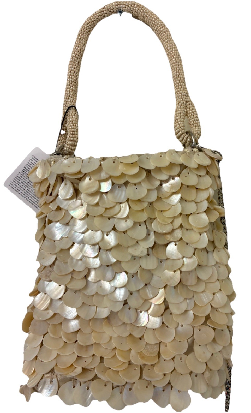 Zara Beaded Shell Ivory Drawstring Handbag Purse Bag W/Handle Or Chain New