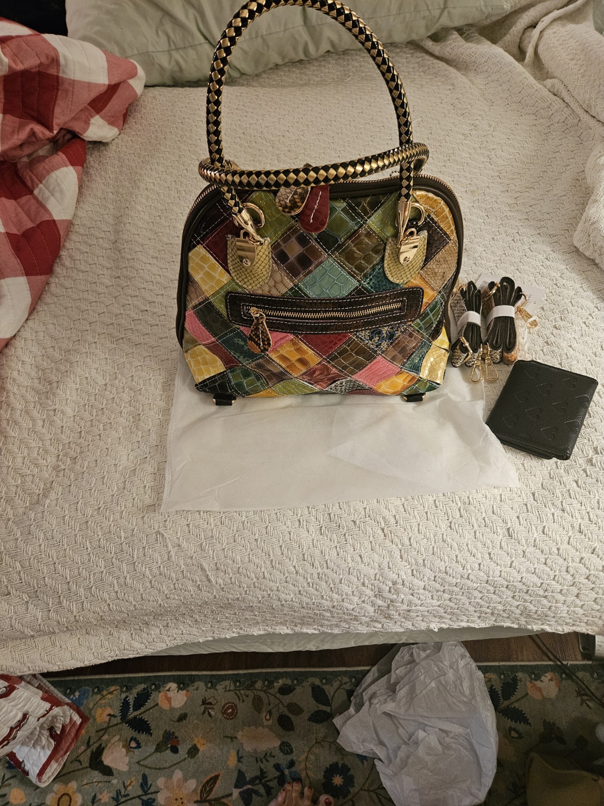NEW Multi-Color Leather Croco Stitch Satchel Handbag Tote Shldr Bag w/Wallet