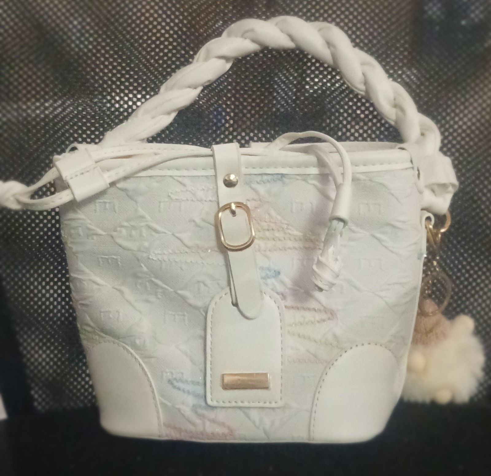 Women’s White Small Drawstring Bucket Bag Braided Top Handle Gold Hardware Charm