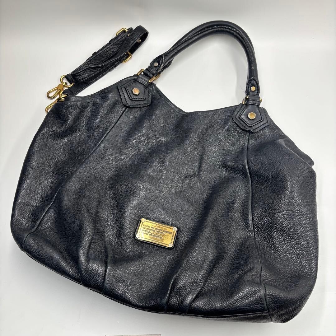 Marc by Marc Jacobs Q Fran Black Leather 2 Way Handbag Tote Bag Gold Logo Large