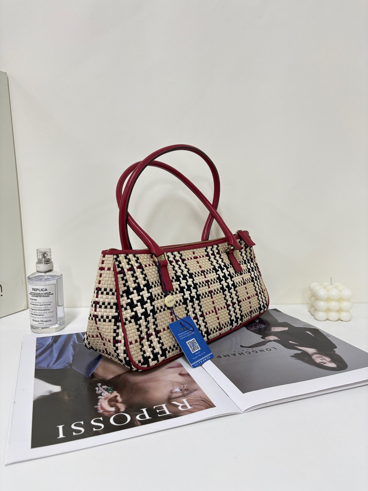 Burberry Horseferry Check Normal Size Beige&Wine Red Woven Leather 2Way Bag Duty