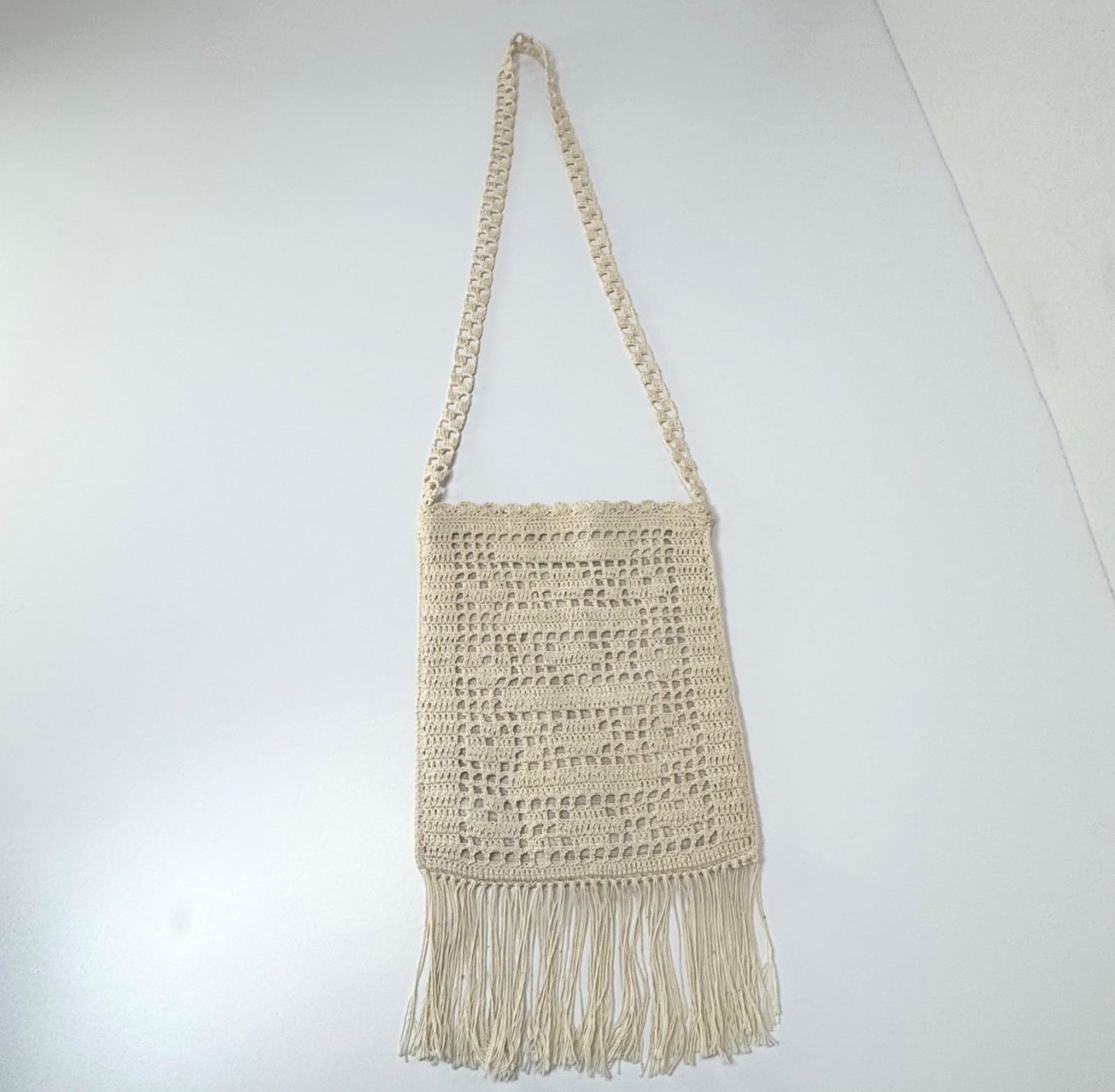 Boho Crochet Fringe Crossbody Bag Cream Beige Knit Festival Shoulder Purse