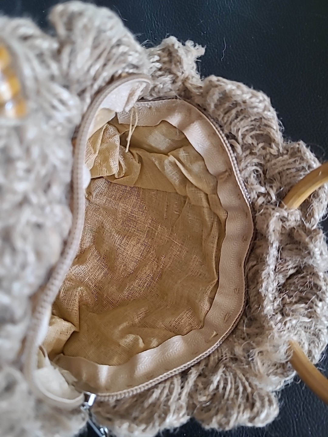 Handmade Jute Purse 8in Round Crochet Rose Wristlet Bamboo Handles Zippered