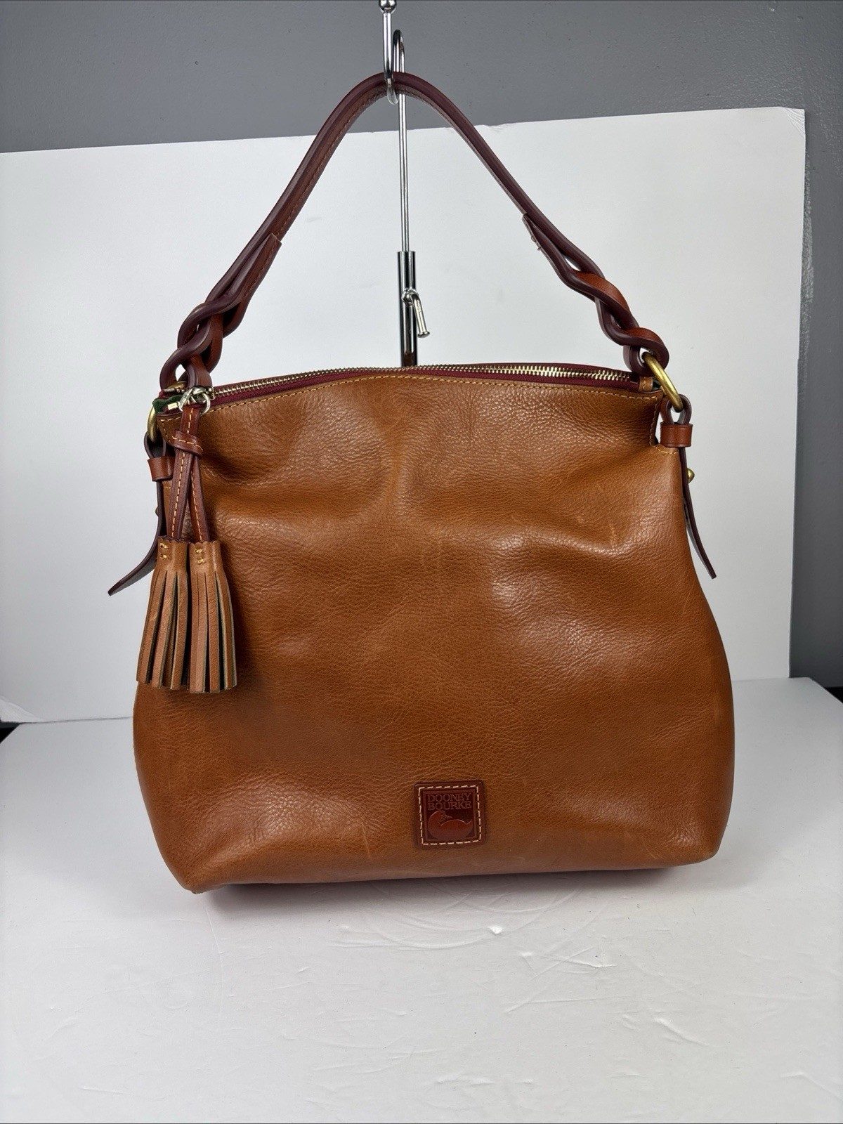 Dooney & Bourke Florentine Twist Strap Hobo Bag Brown Tassel Zipper Accents