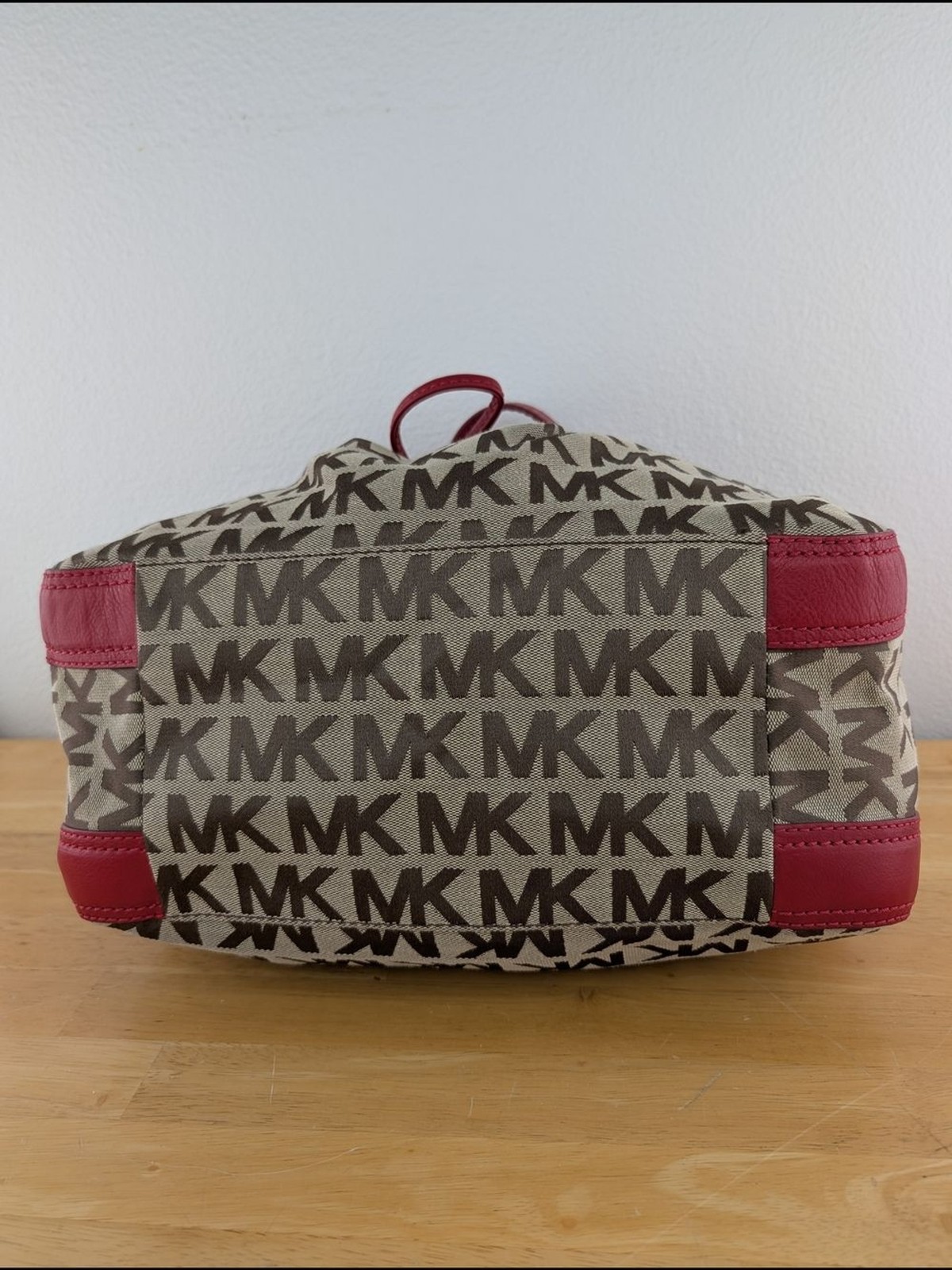 Michael Kors Ludlow Brown Red Canvas Leather Jacquard Logo Tote Shoulder Bag