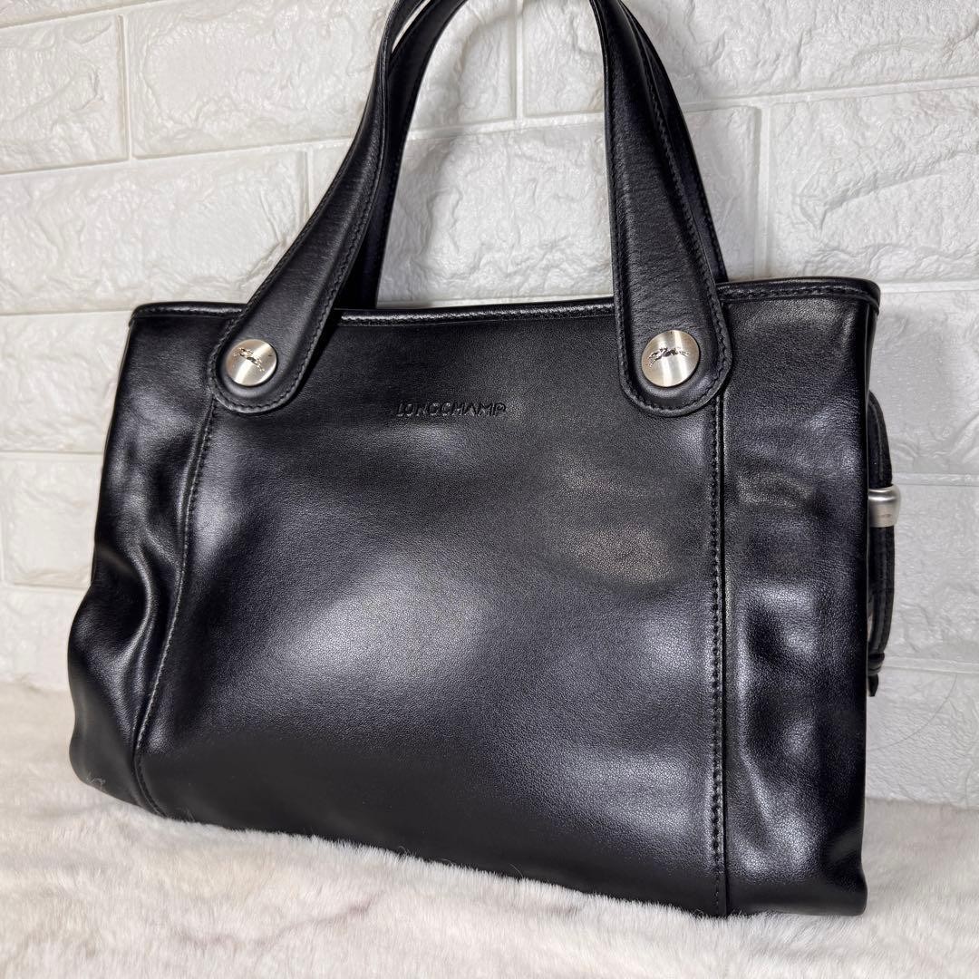 LONGCHAMP Black Leather Handbag Silver Button Logo Embossed Authentic