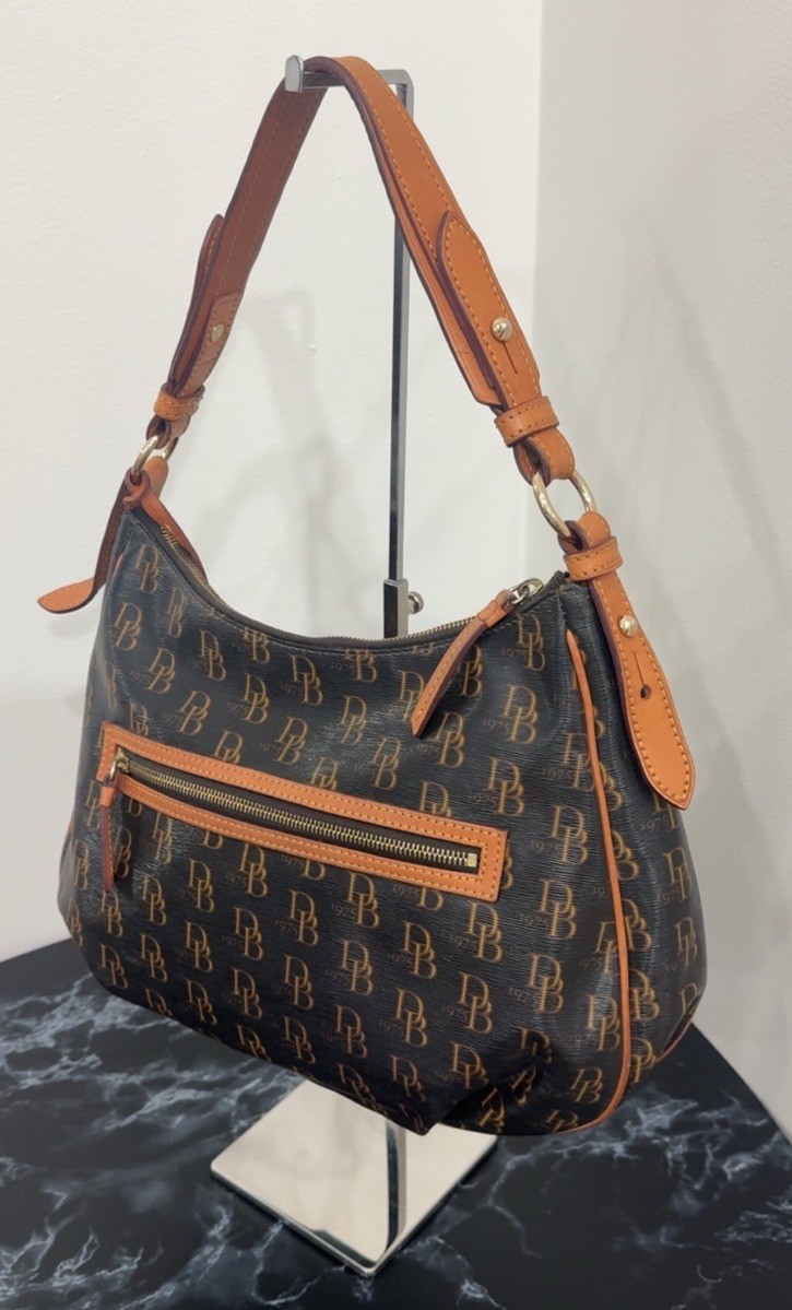 Dooney & Bourke Handbag Brown Logo Hobo with Tan Trim AUTHENTIC