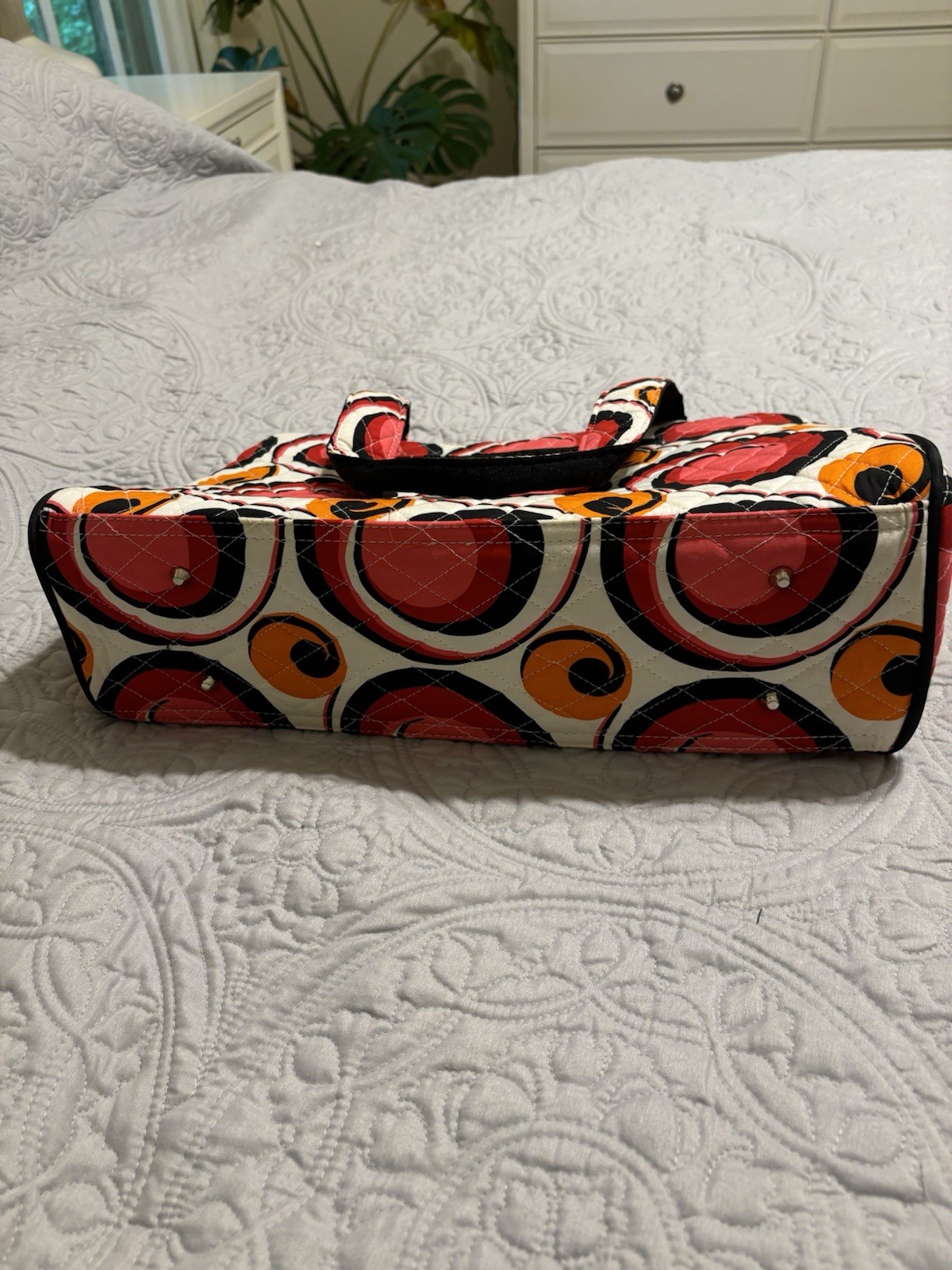 Bliss Quilted Geometric Tote Bag Red Orange Black White Bow Zipper Changing Pad