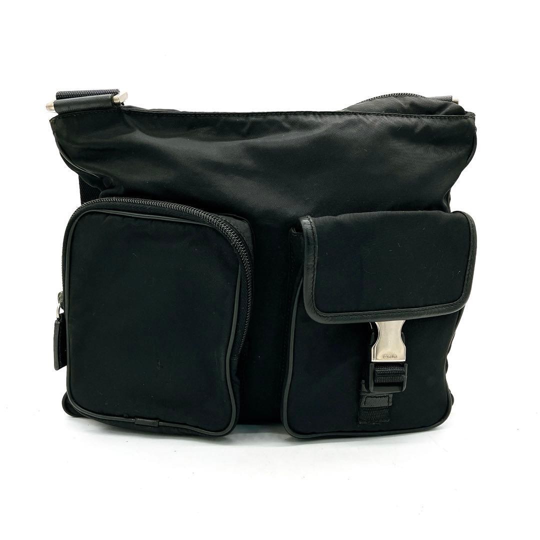 PRADA Shoulder Bag Nylon Triangle Logo Plate Black Self Standing From Japan