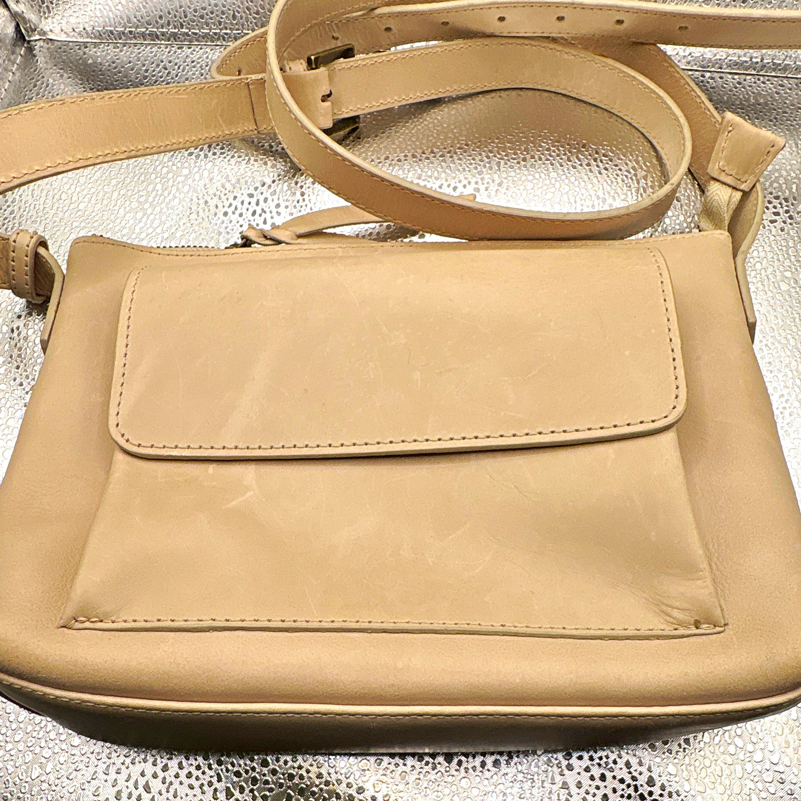 ABLE Beige Crossbody Bag Zip Top Magnetic Front Pocket Gold Hardware Pockets