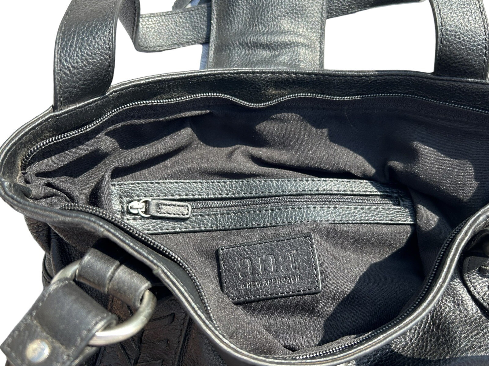 a.n.a Black Leather Handbag Shoulder Bag Purse Braided Details Fringe Loop Snap
