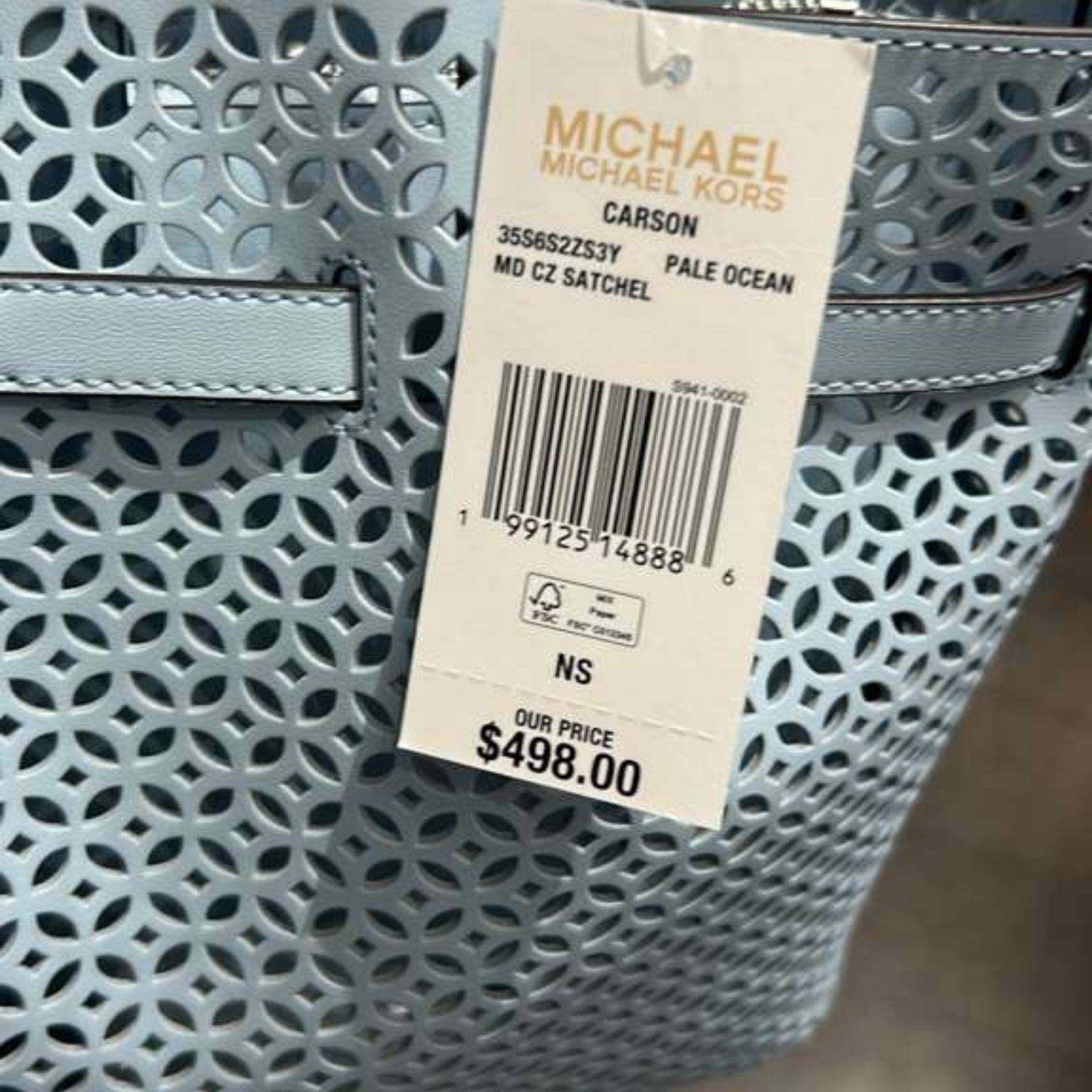 Michael Kors Carson Women MD PU Blend Floral Laser Cut Satchel Bag Pale Ocean