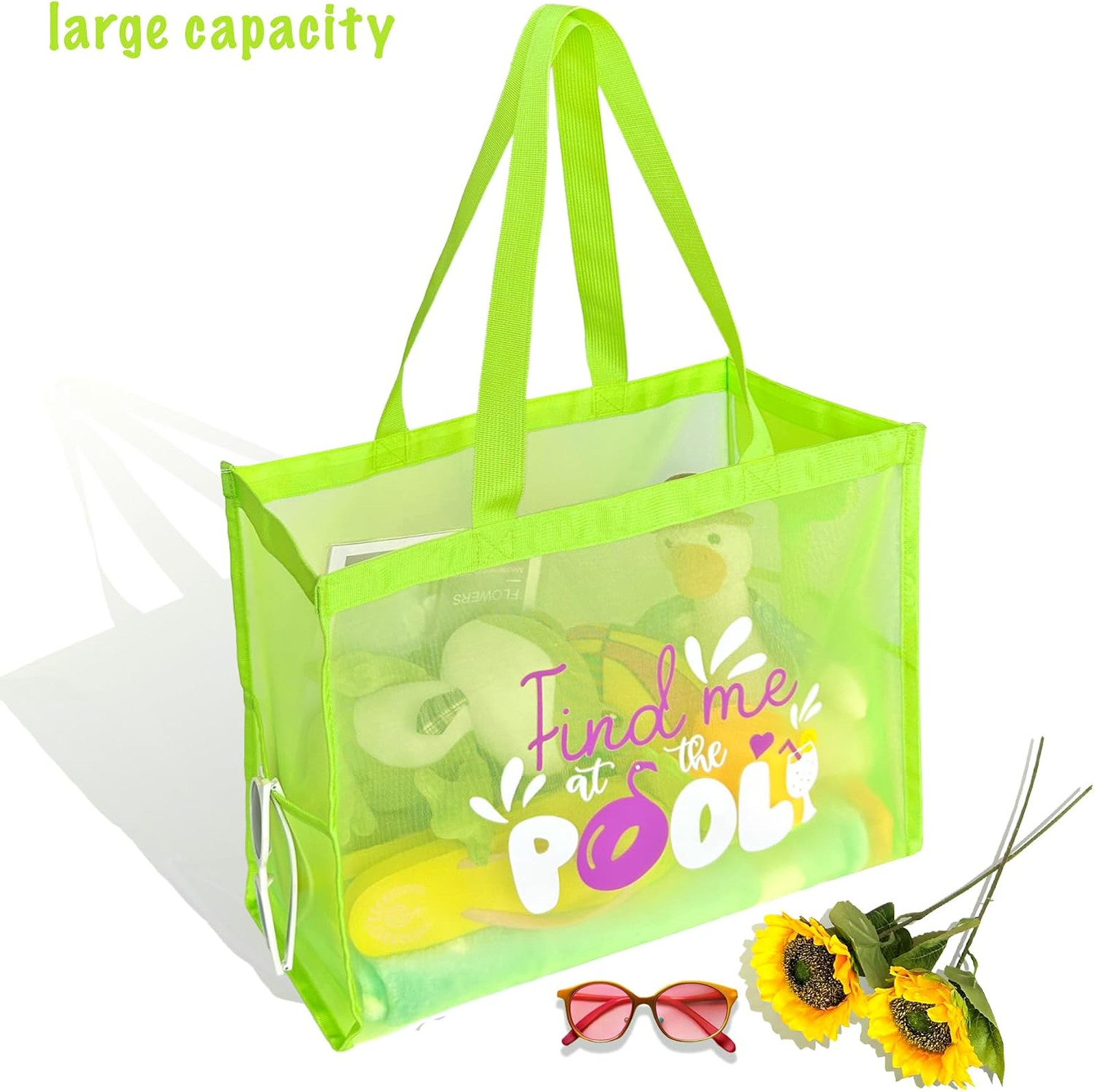Large Capacity Mesh Beach Tote Bag with Summer Phrase Prints, Sandproof