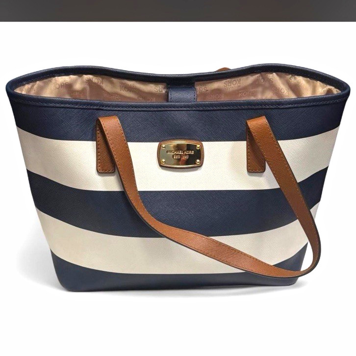 Michael Kors Navy White Striped Tote Magnetic Double Handles Gold Lined Handbag