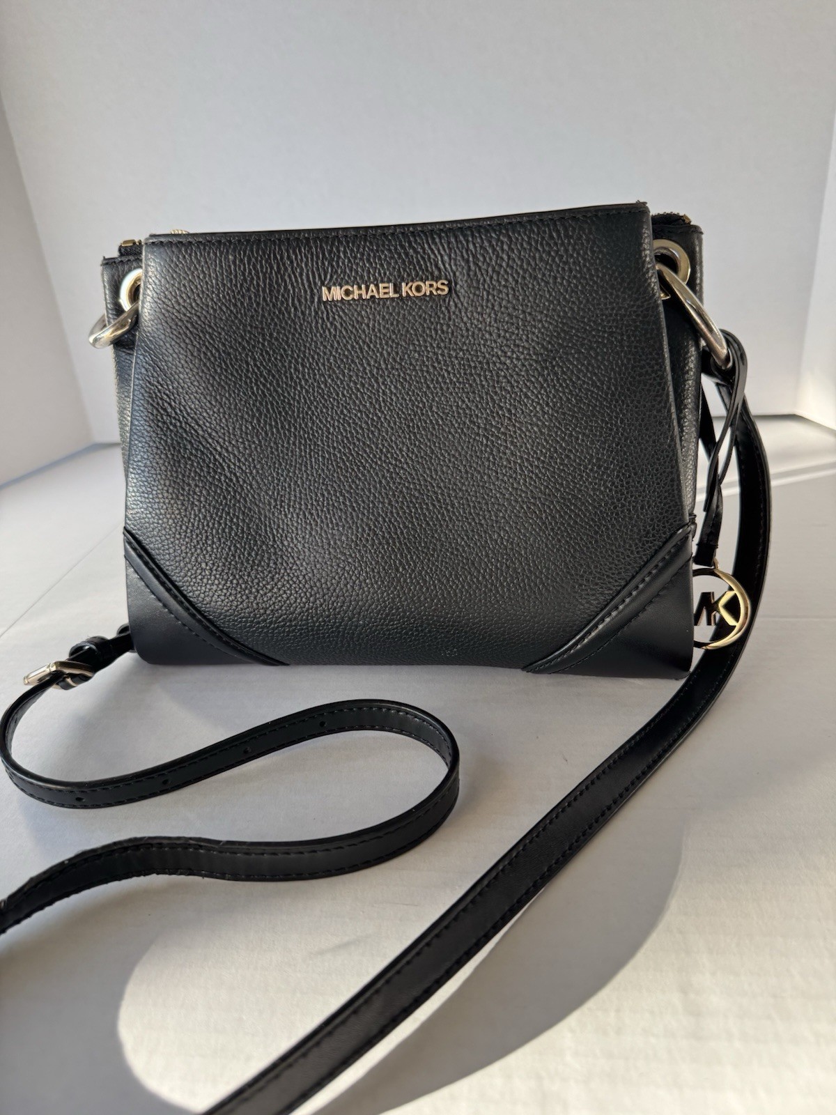 Michael Kors Women’s Black Small Crossbody Zip w/ MK Charm Gold Hardware