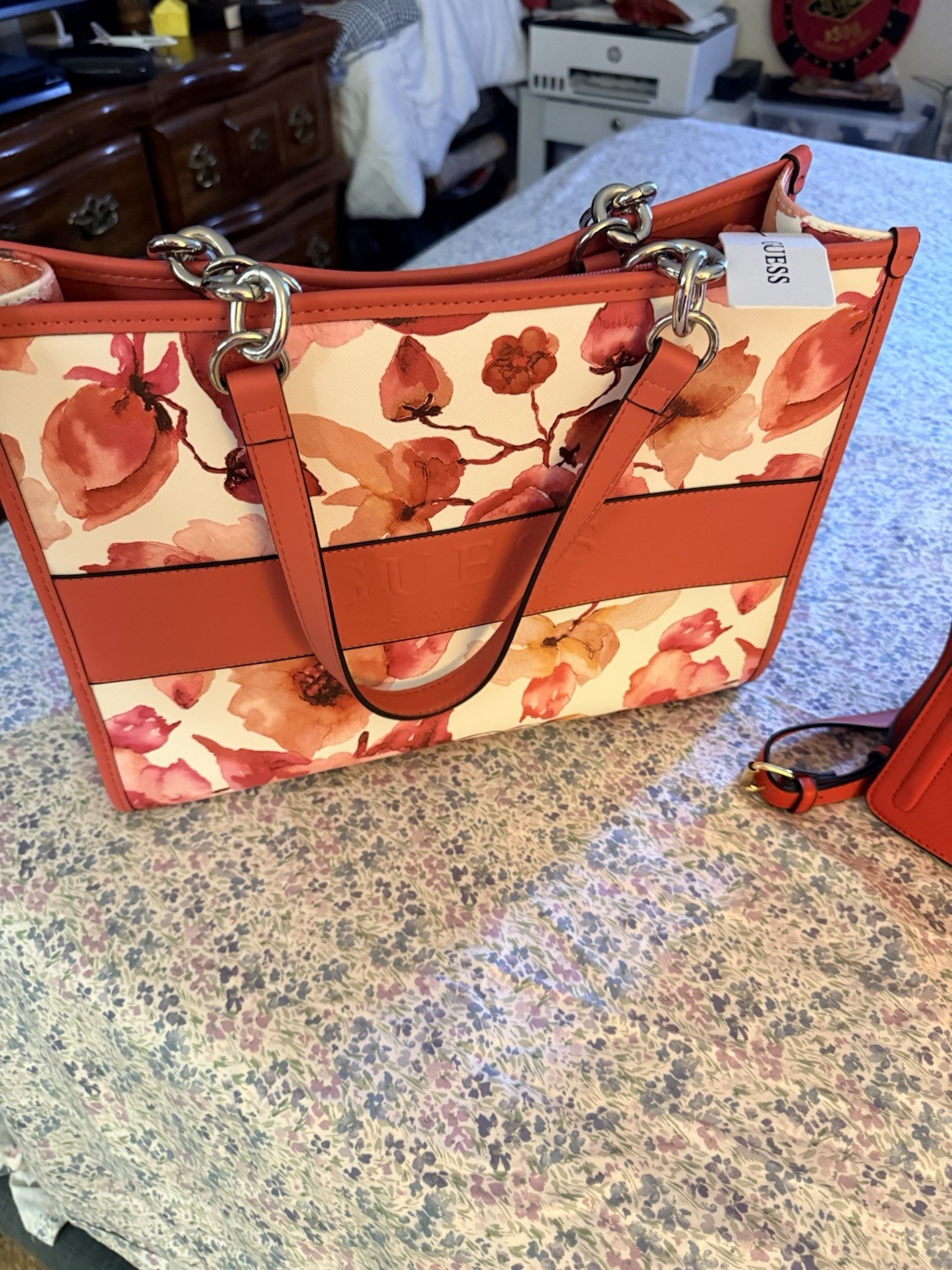 GUESS Floral Tote Bag Medium Orange Beige Red Silver Hardware Detachable Strap