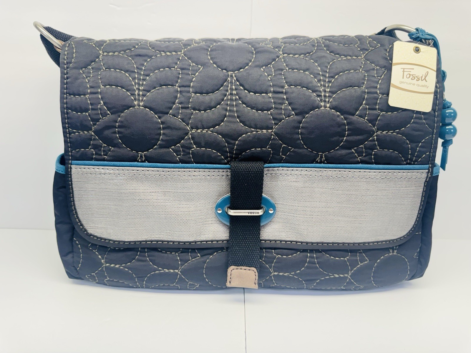 Fossil KeyPer Messenger Bag Black Teal Floral Quilted Laptop Briefcase Magnetic