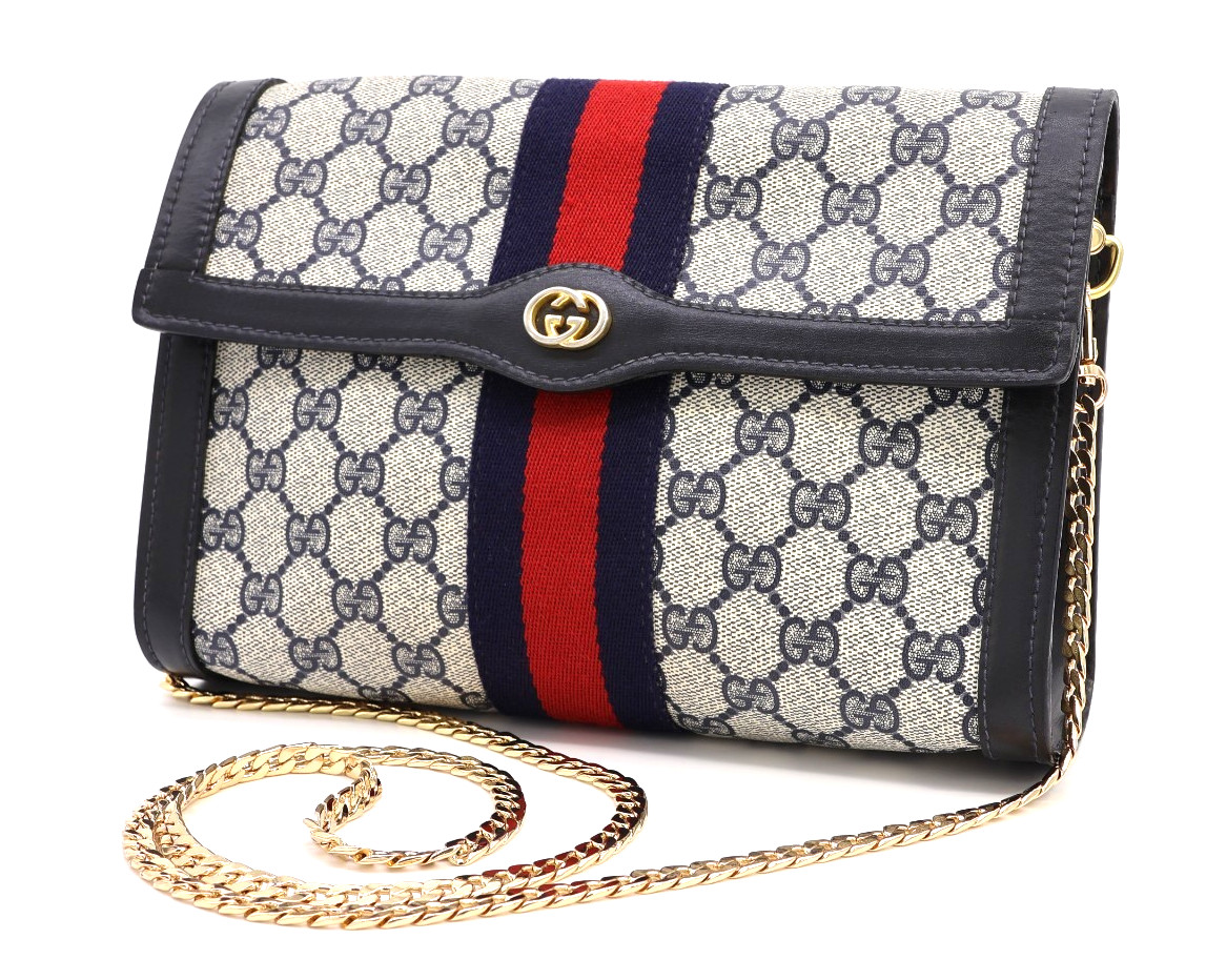 GUCCI VINTAGE Web Stripe Shoulder Bag Chain strap Flap Navy Classic Authentic