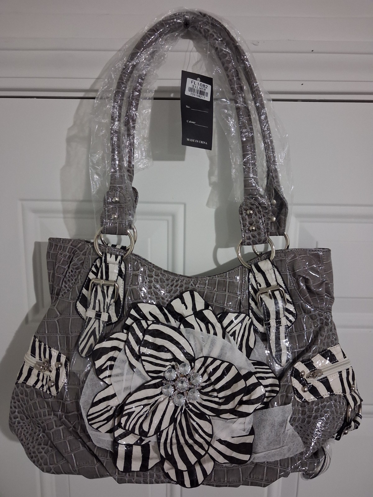 Large Gray w/ Zebra (Blk./Wh.) Striped Foral Design Leather Handbag. Brand New.